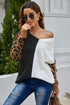 Leopard Print Contrast Color V Neck Sweater